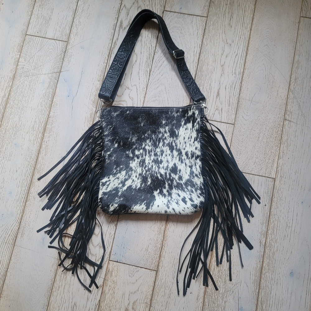 Calf Hair On Hide Hsndcrafted Leather XL Fringe Bag Embossed Aztec Western Vibes - Picture 2 of 9